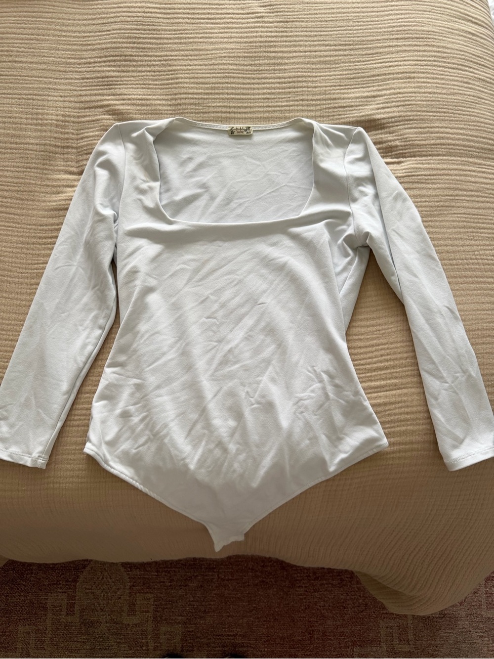 Free People White Long-Sleeve Square Neck Bodysuit
